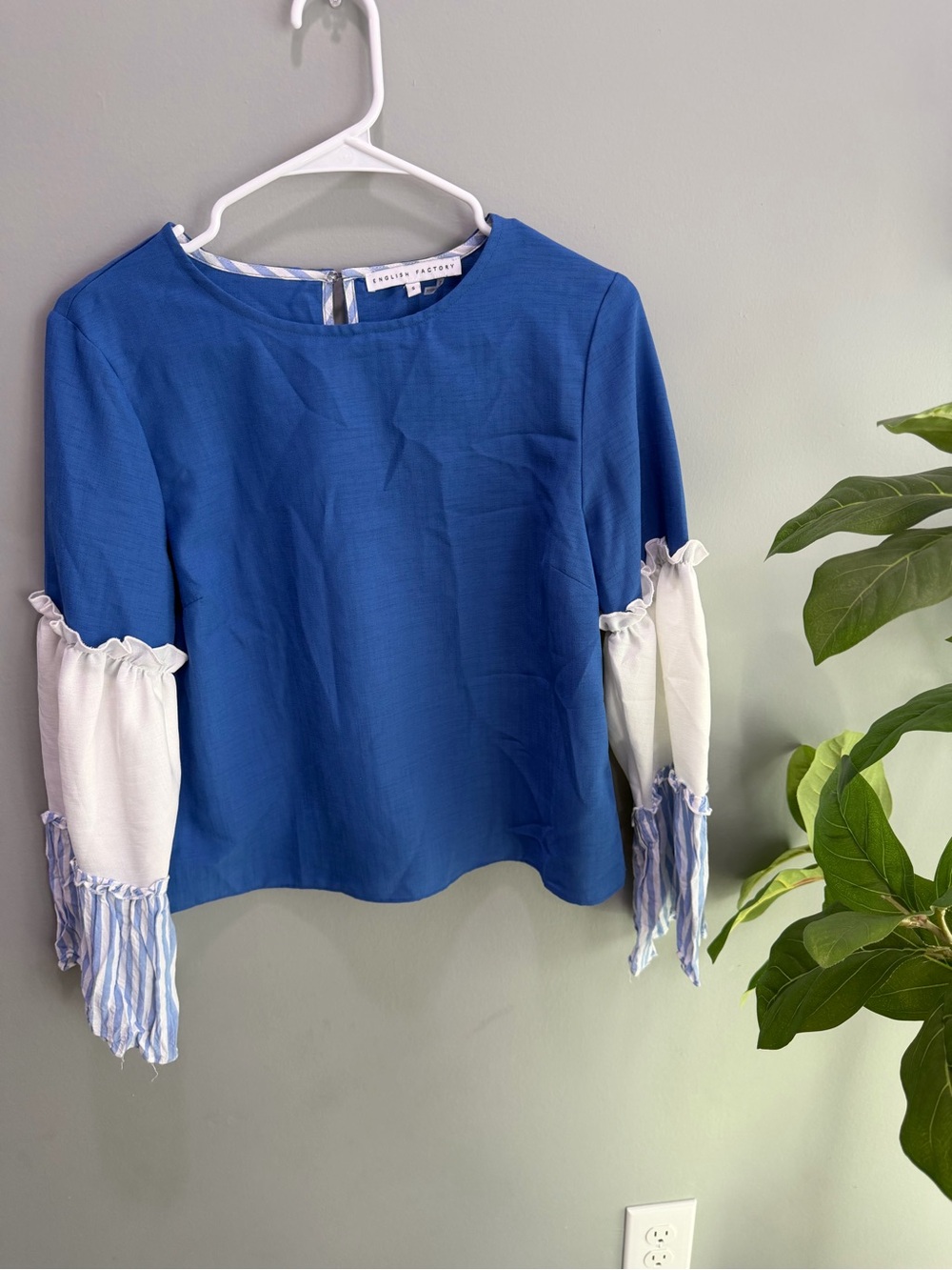 English Factory Royal Blue Blouse with White & Blue Stripe Ruffle Sleeves